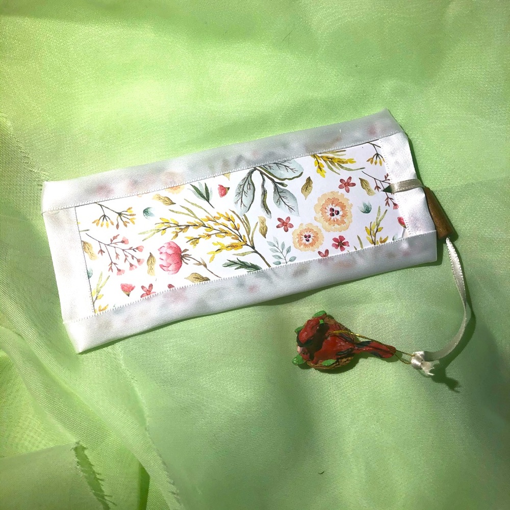 Elegant Floral Bookmark w Tiny Cardinal Nest Charm